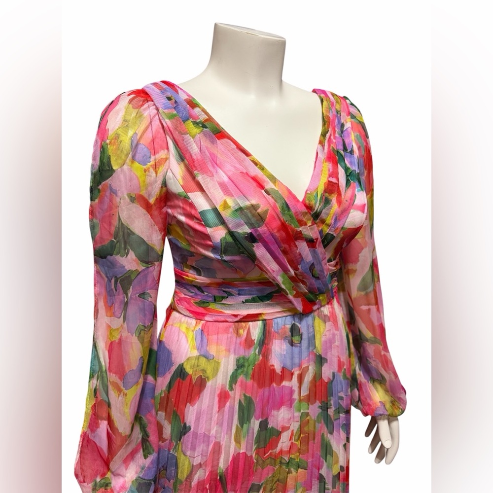 NWT Betsy & Adam Size 8 Floral Long Sleeve Cold Shoulder Pleated Gown Formal - Picture 5 of 12